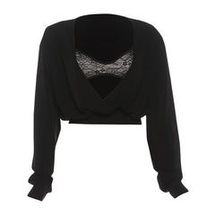 Long sleeve lace v neck cami crop 2 piece top