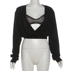 Long sleeve lace v neck cami crop 2 piece top