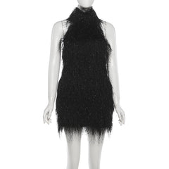 Halter tassels backless solid mini dress