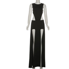 Crewneck sleeveless button slit maxi skirt set