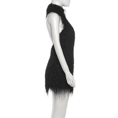 Halter tassels backless solid mini dress