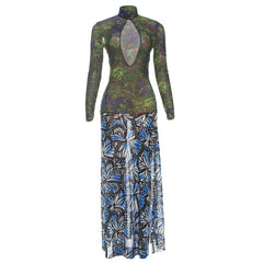 High neck long sleeve print slit mesh maxi dress