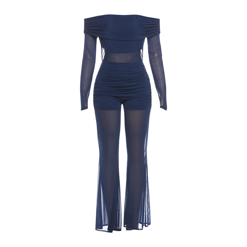 Off shoulder long sleeve ruched mesh jumpsuit