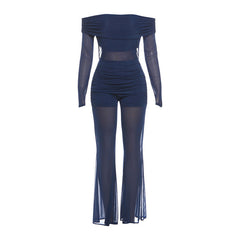 Off shoulder long sleeve ruched mesh jumpsuit