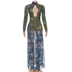 High neck long sleeve print slit mesh maxi dress