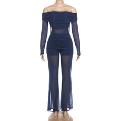 Off shoulder long sleeve ruched mesh jumpsuit