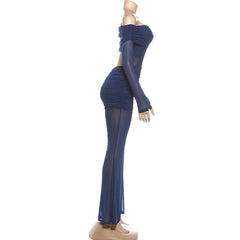 Off shoulder long sleeve ruched mesh jumpsuit