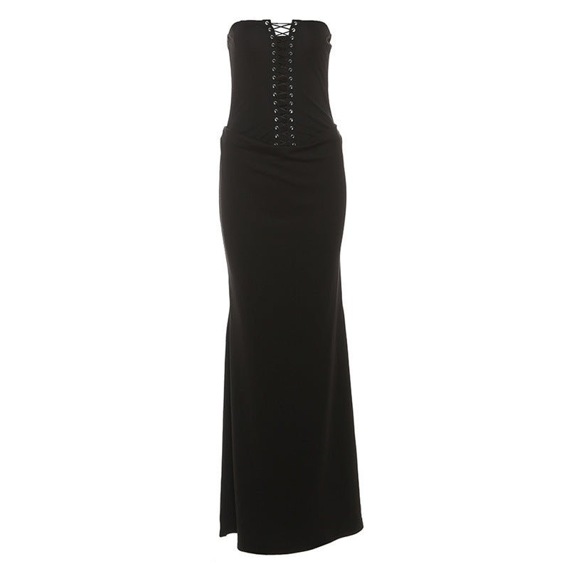 Hollow out self tie backless tube cut out maxi dress