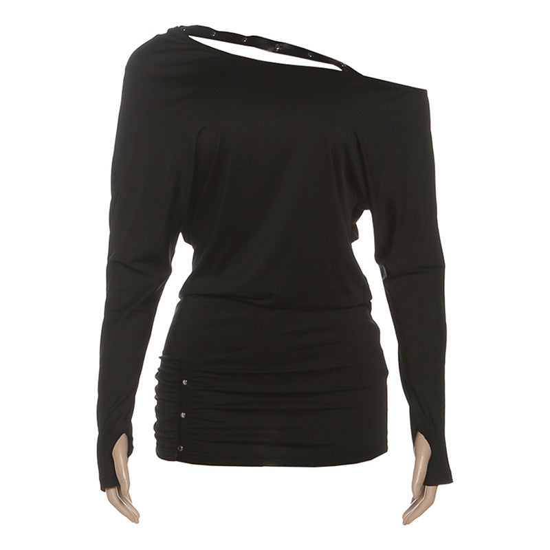 Long sleeve gloves ruched irregular mini dress