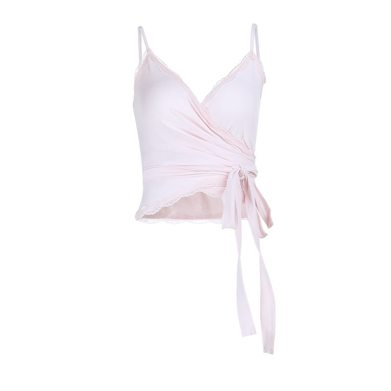 V neck knotted lace hem cami top
