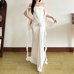 Off shoulder ruffle backless flower applique maxi dress