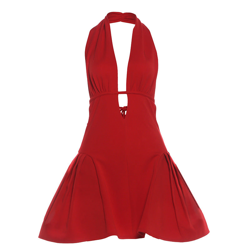 Halter deep v neck backless self tie mini dress
