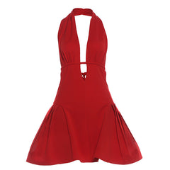 Halter deep v neck backless self tie mini dress
