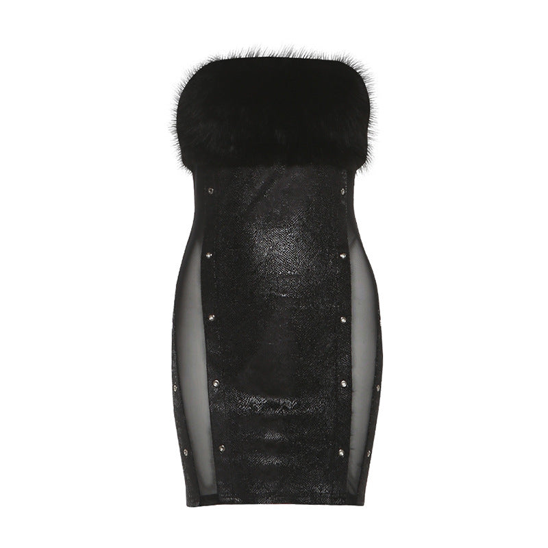Fluffy mesh patchwork tube mini dress