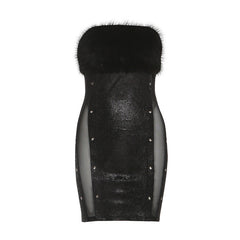 Fluffy mesh patchwork tube mini dress