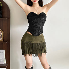 Tassels solid A line mini skirt