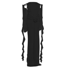 Off shoulder ruffle backless flower applique maxi dress