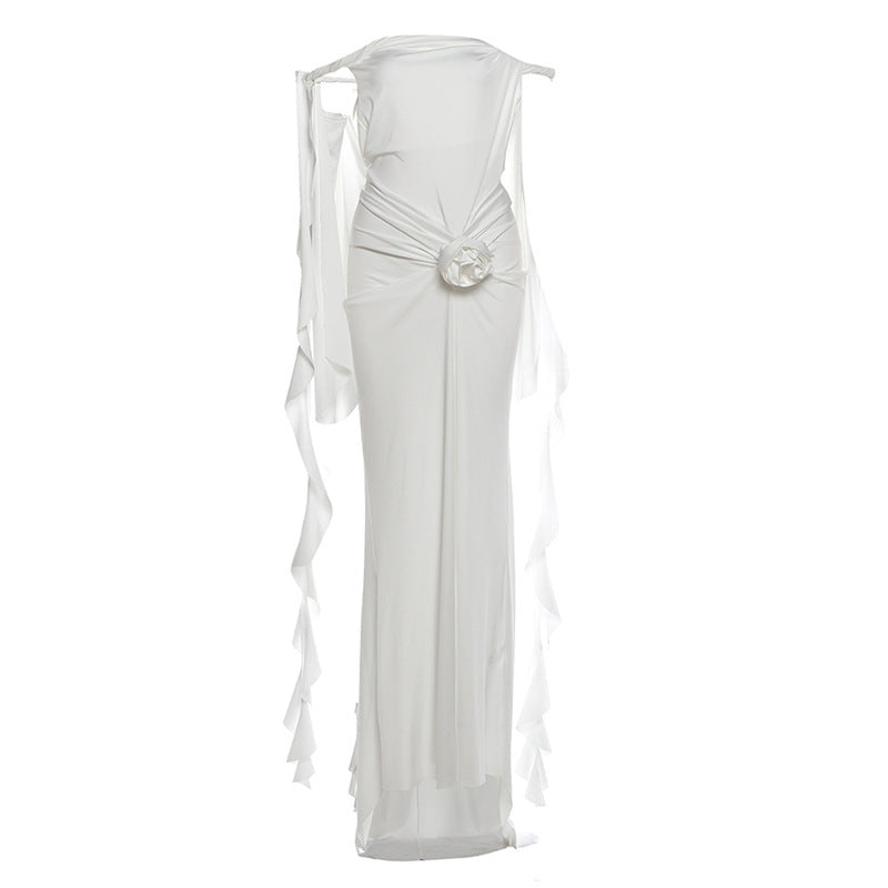 Off shoulder ruffle backless flower applique maxi dress