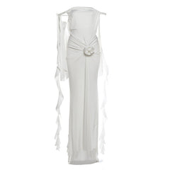 Off shoulder ruffle backless flower applique maxi dress