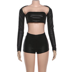 Long sleeve PU leather medium rise pant set