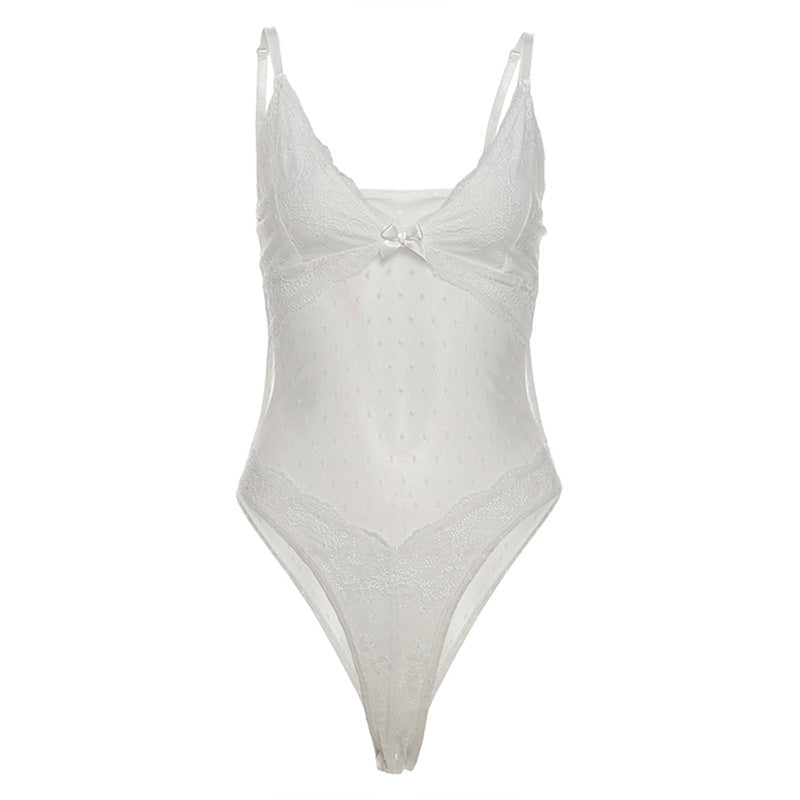 V neck bowknot lace cami bodysuit