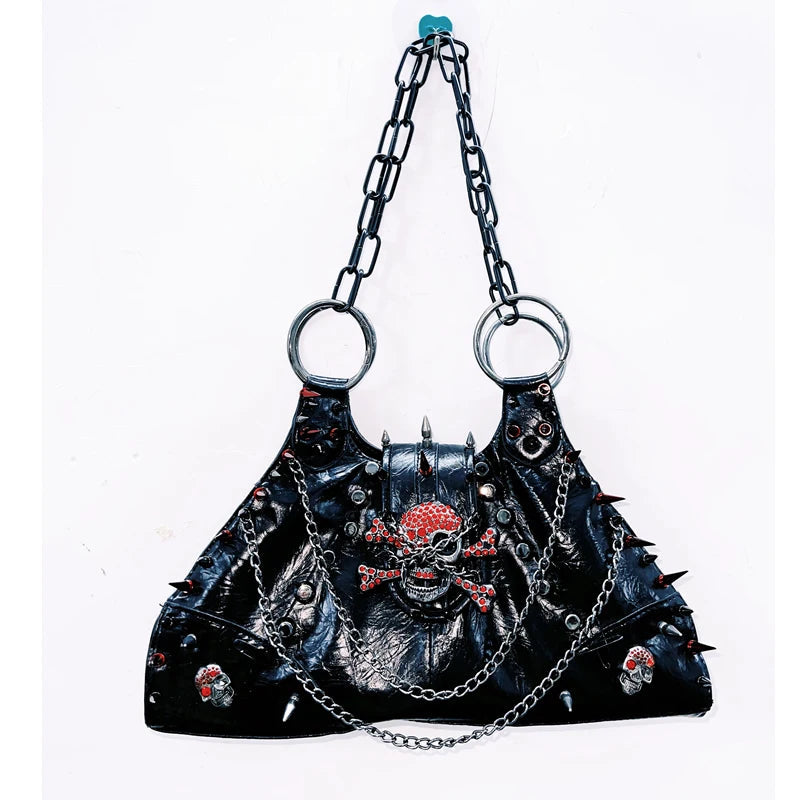 PU leather skull applique metal chain rivet handbag