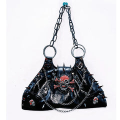 PU leather skull applique metal chain rivet handbag