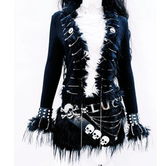Long sleeve fluffy metal chain belt top