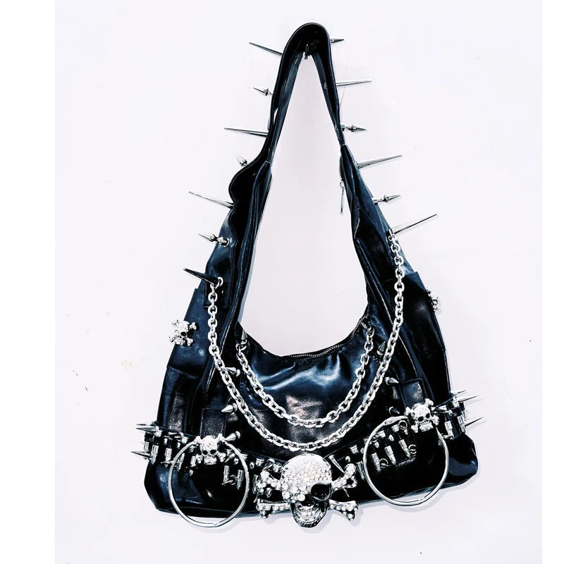 Skull applique rivet o ring handbag