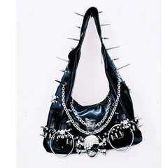 Skull applique rivet o ring handbag