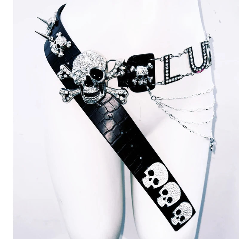 Skull applique metal chain belt