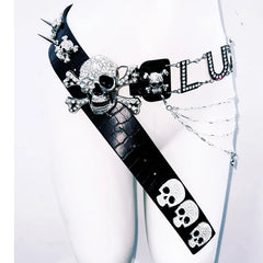Skull applique metal chain belt