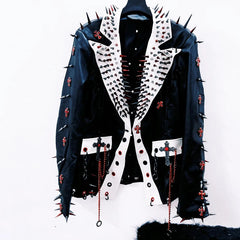 Long sleeve rivet PU leather turnover collar coat top