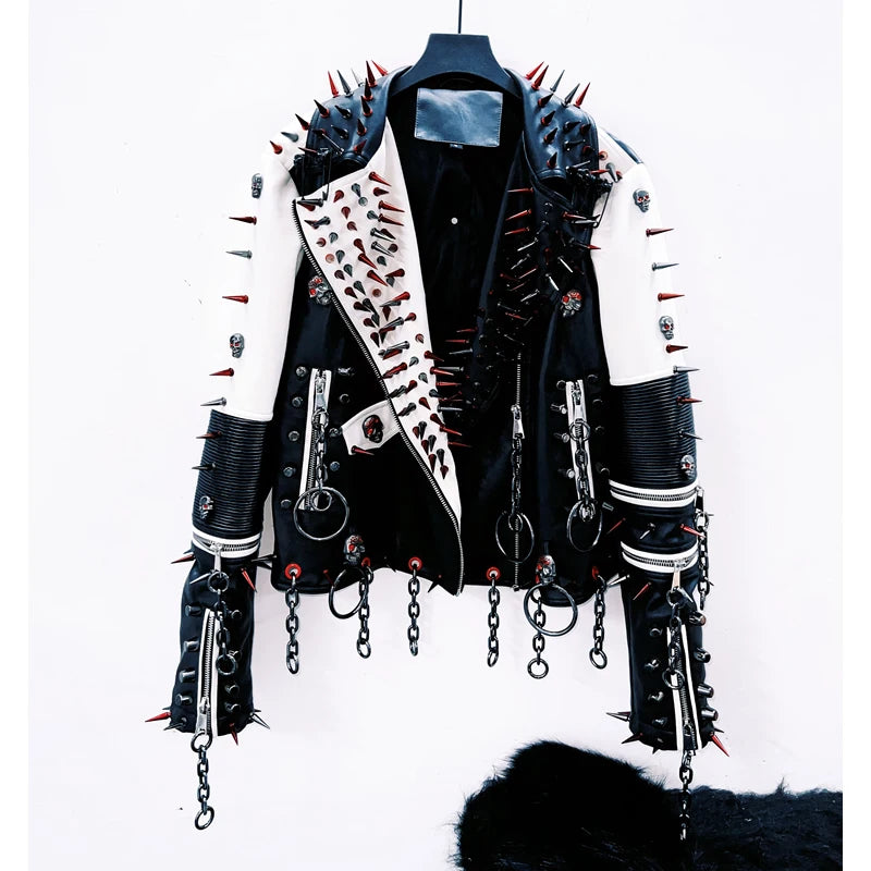 Long sleeve turnover collar rivet metal chain coat top