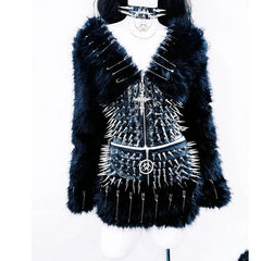 Long sleeve v neck rivet fluffy zip-up coat top