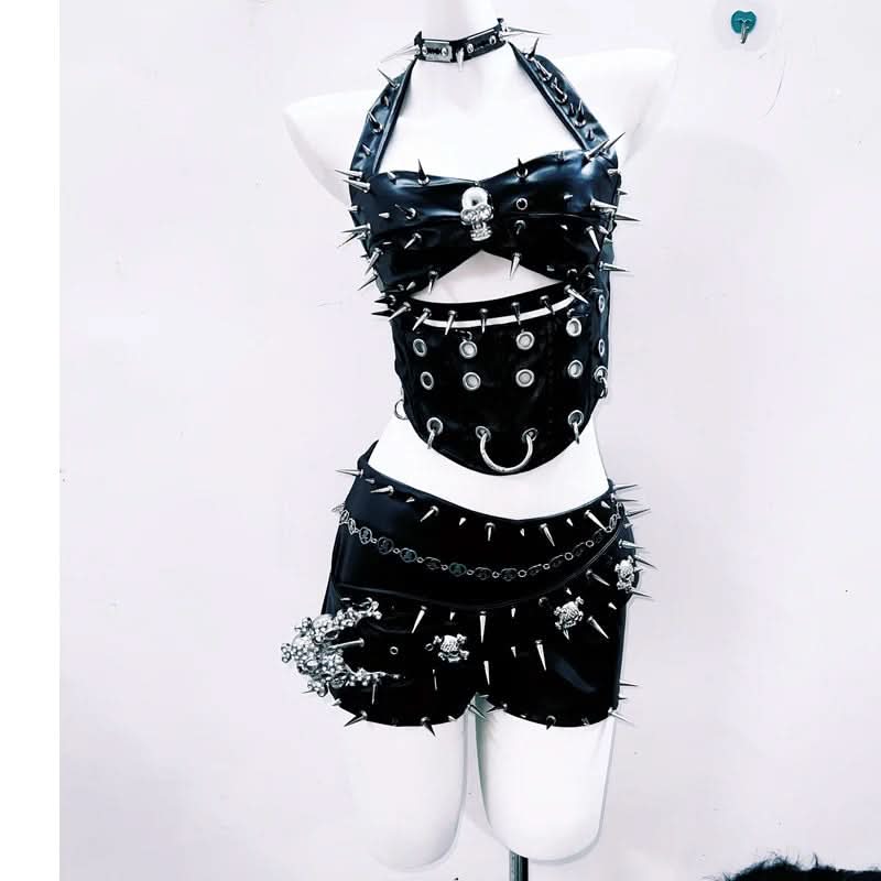 Halter hollow out rivet PU leather cut out top