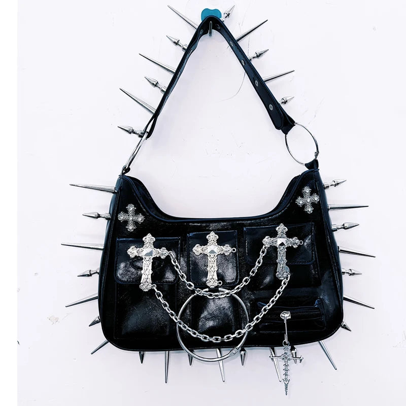 Rivet o ring metal chain handbag