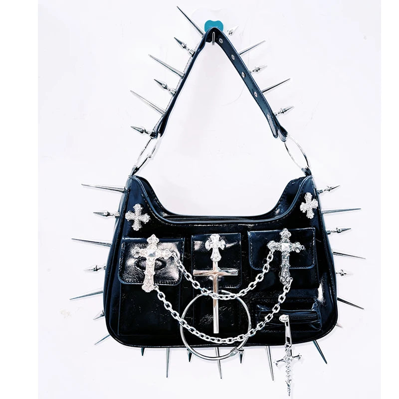 Cross applique rivet zip-up handbag