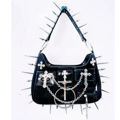 Cross applique rivet zip-up handbag