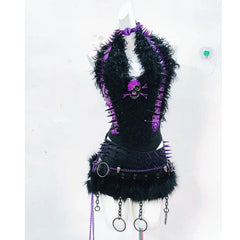 Halter skull applique rivet fluffy top