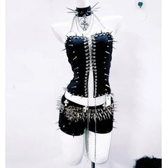 Halter PU leather rivet leopard print top