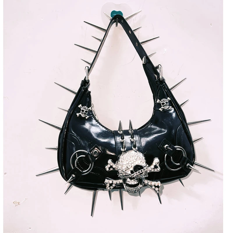 Skull applique PU leather rivet handbag