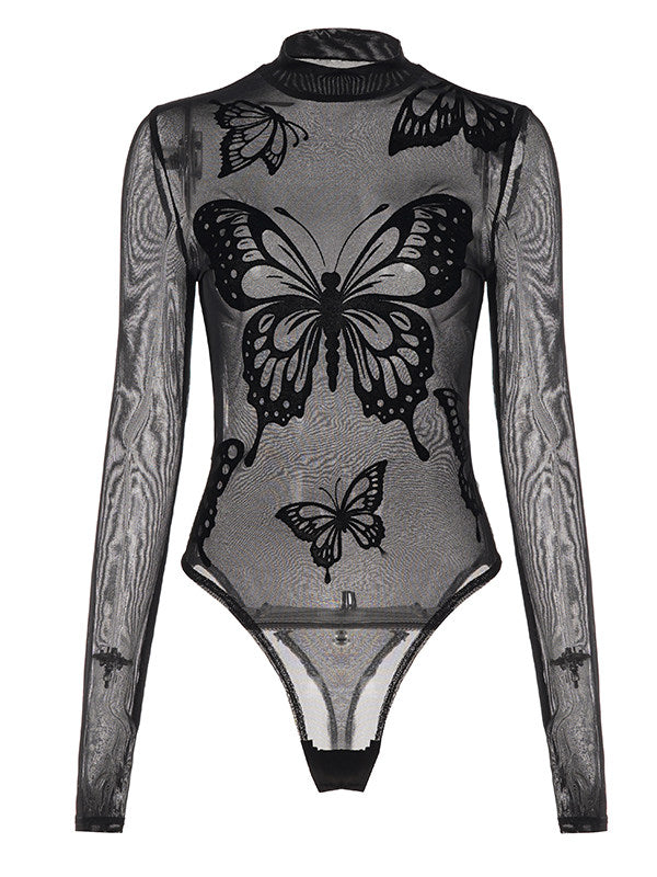 Butterfly pattern long sleeve mesh bodysuit