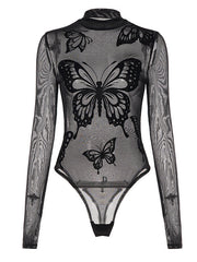 Butterfly pattern long sleeve mesh bodysuit