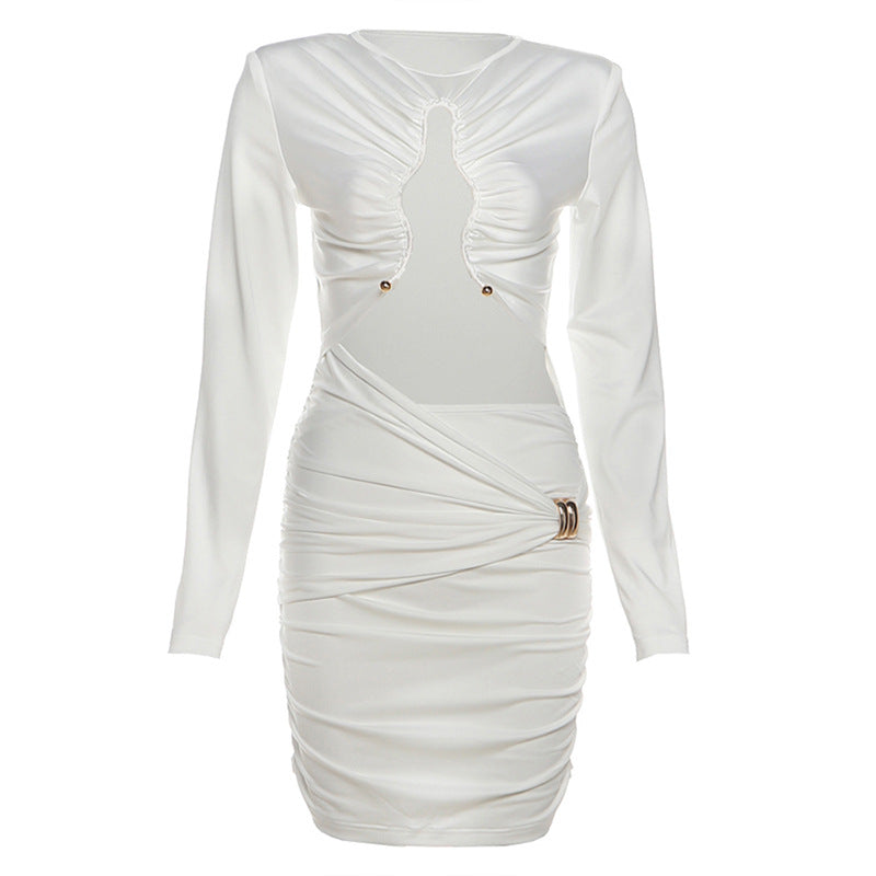 Long sleeve hollow out ruched crewneck cut out mini dress