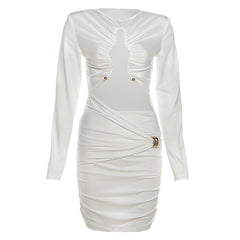 Long sleeve hollow out ruched crewneck cut out mini dress