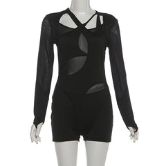 Hollow out long sleeve mesh gloves romper