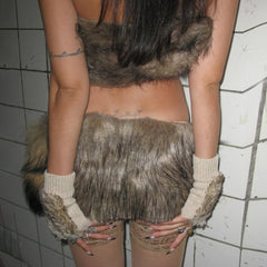 Fluffy backless contrast tube mini skirt set