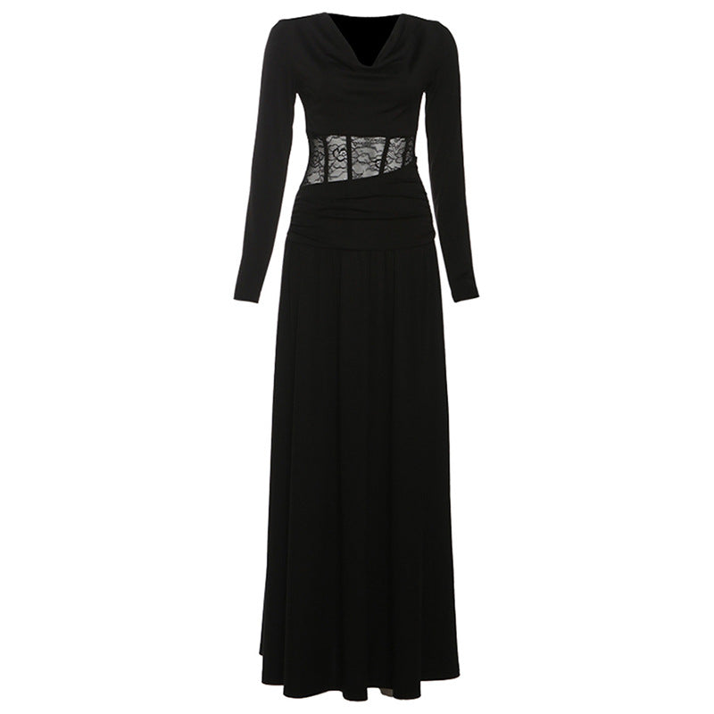 Long sleeve cowl neck lace ruched maxi dress