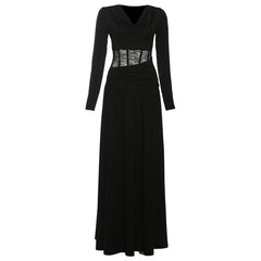Long sleeve cowl neck lace ruched maxi dress